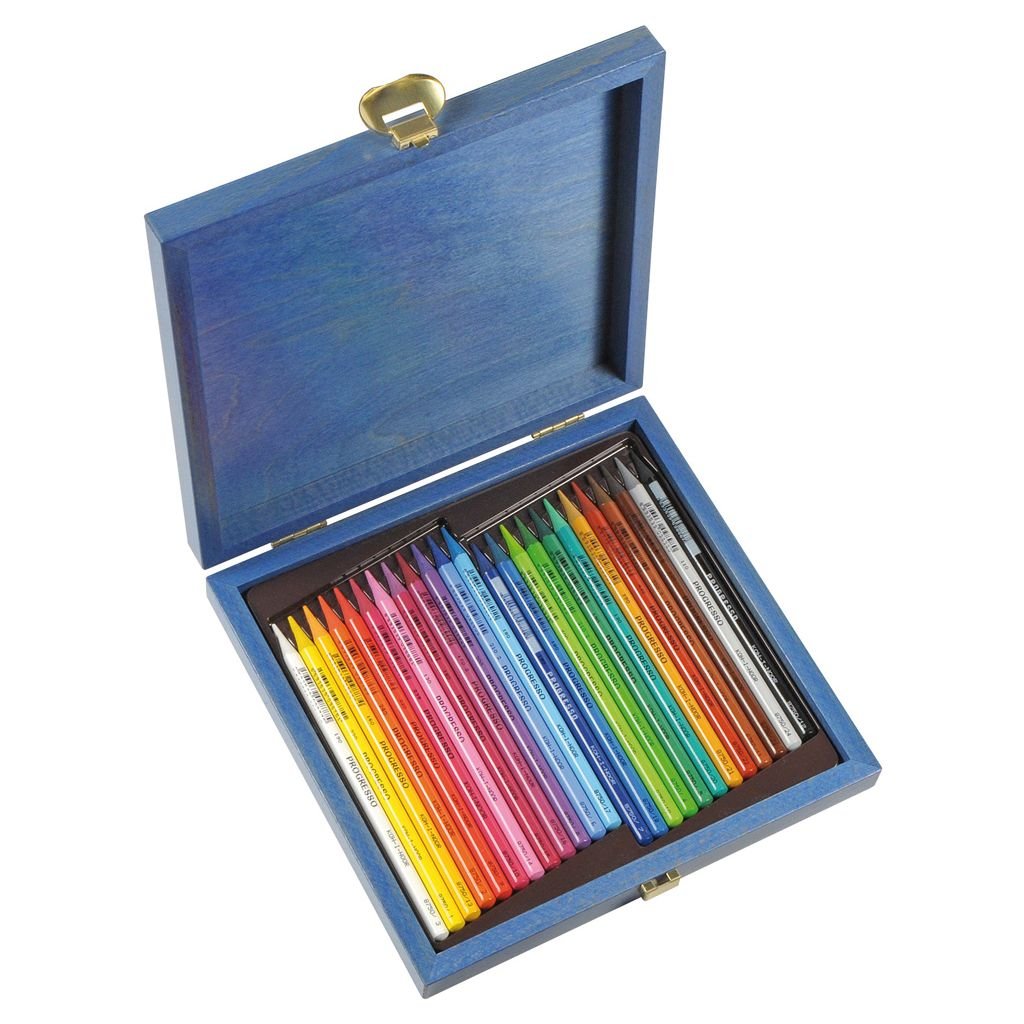 Koh-I-Noor Progresso Woodless Artist's Coloured Pencils - Set of 24 Assorted Colours in Wooden Box