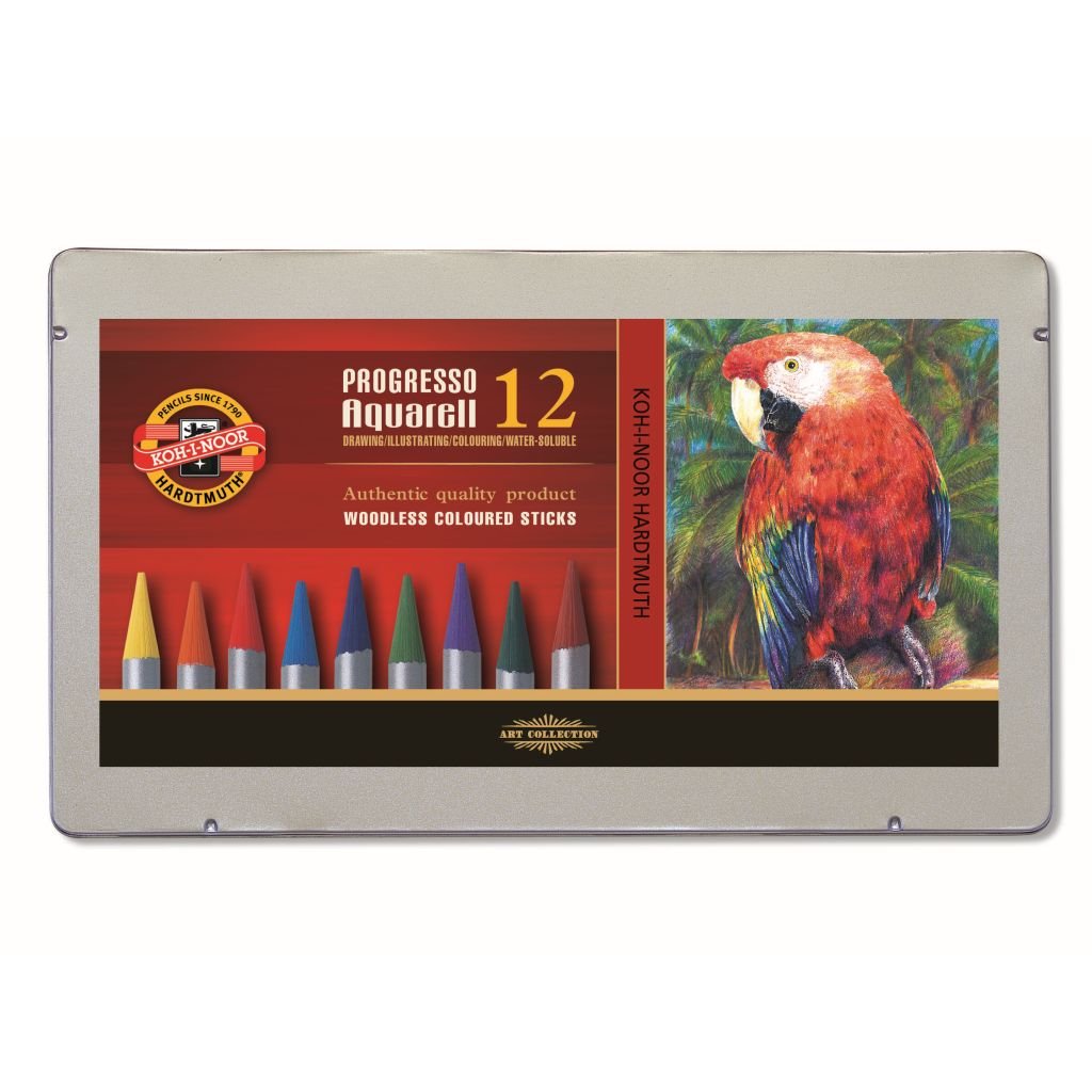 Koh-I-Noor Progresso Woodless Artist's Water Soluble Coloured Pencils - Set of 12 Assorted Colours in Tin Box