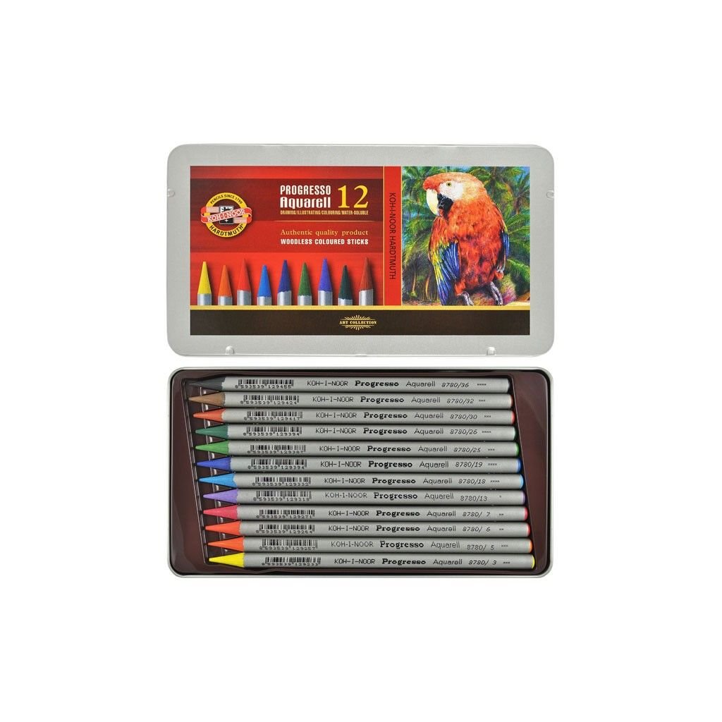 Koh-I-Noor Progresso Woodless Artist's Water Soluble Coloured Pencils - Set of 12 Assorted Colours in Tin Box