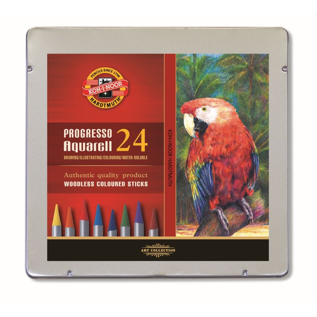 Koh-I-Noor Progresso Woodless Artist's Water Soluble Coloured Pencils - Set of 24 Assorted Colours in Tin Box
