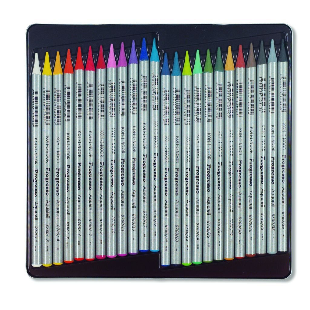 Koh-I-Noor Progresso Woodless Artist's Water Soluble Coloured Pencils - Set of 24 Assorted Colours in Tin Box