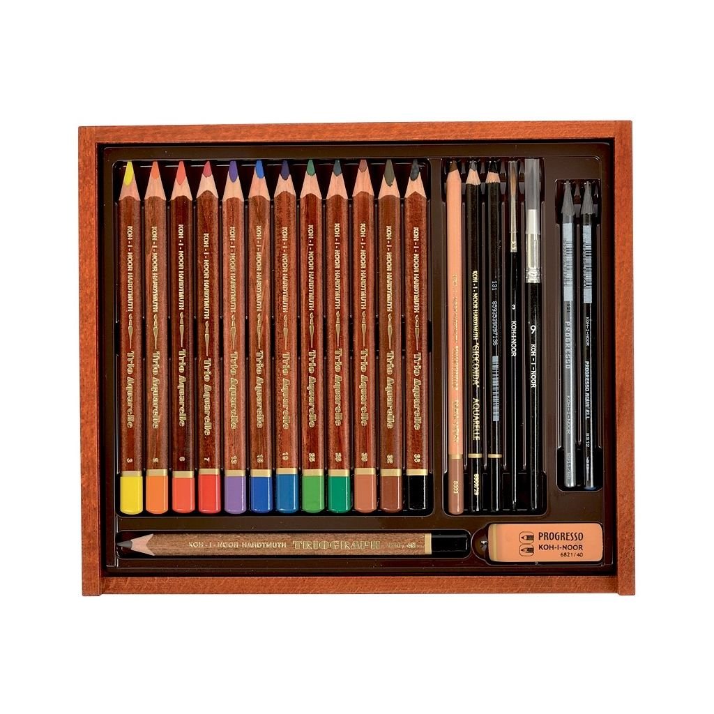 Koh-I-Noor Trio Aquarelle Artist's Coloured Pencils Art Set of 21 Pieces in Wooden Box