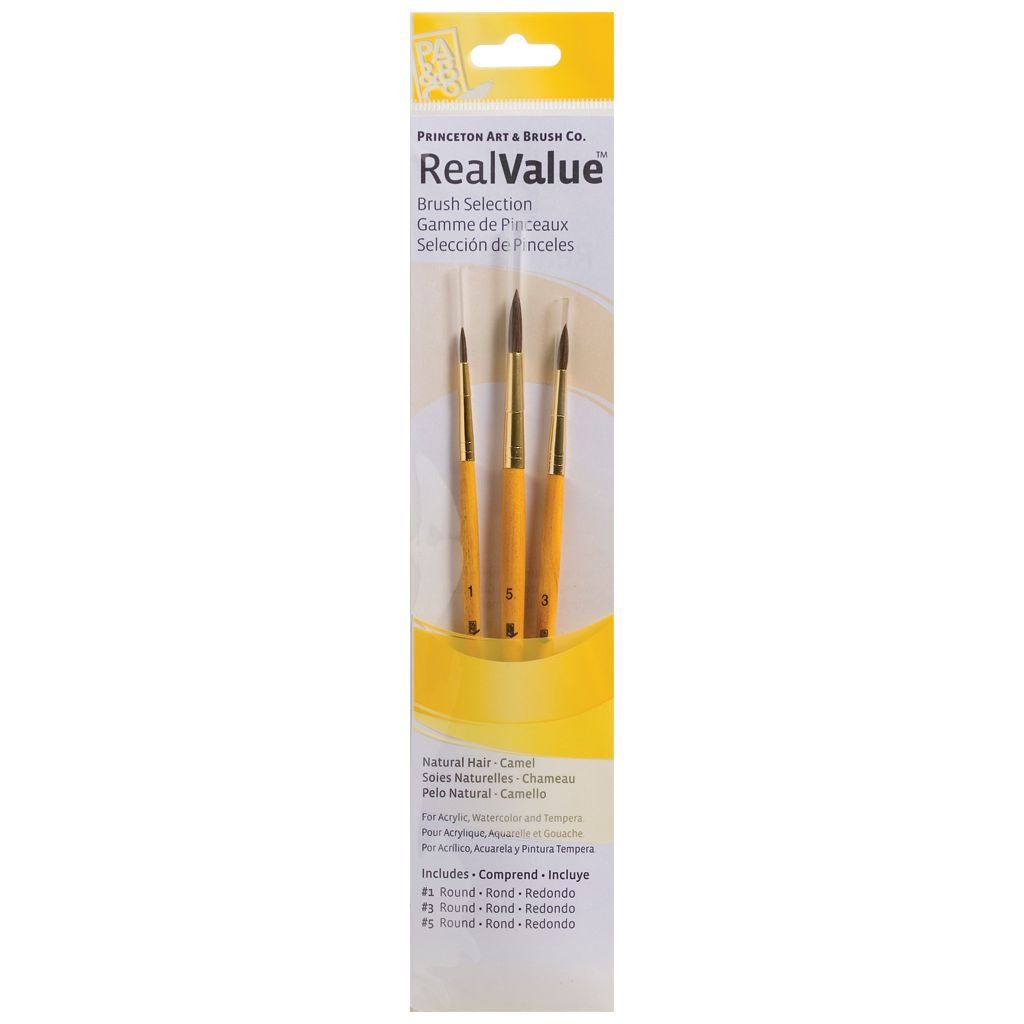 Princeton Real Value Brush Set of 3 - Natural Hair - Camel - Round 1, 3 & 5 - Short handle