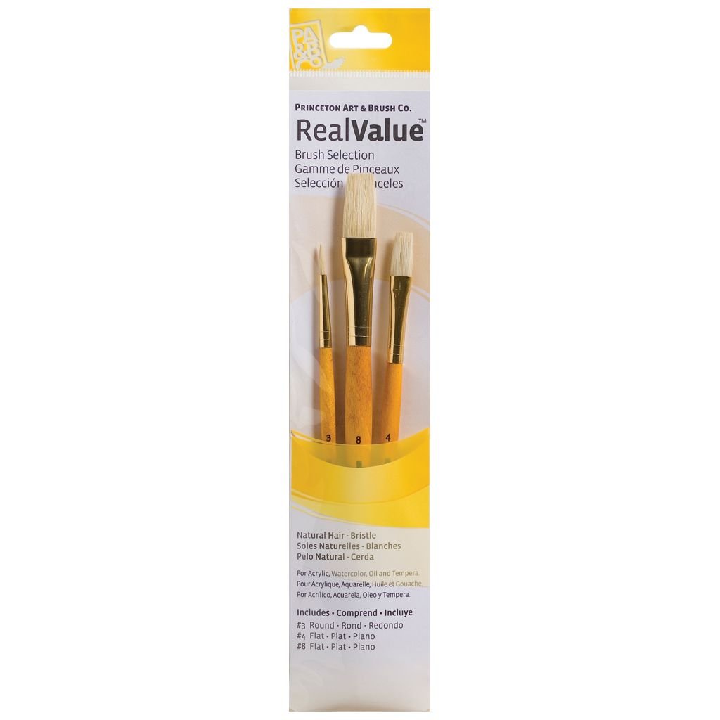 Princeton Real Value Brush Set of 3 - Natural Hair - Bristle - Round 3, Flat 4 & 8 - Short handle