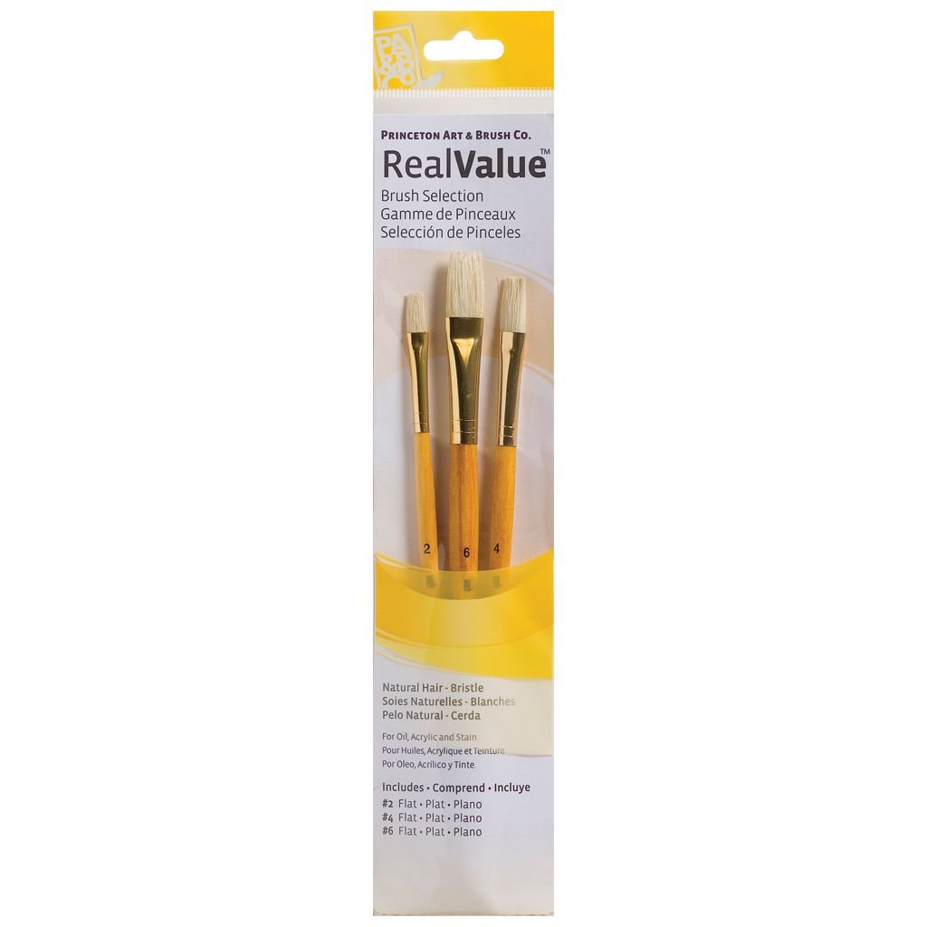 Princeton Real Value Brush Set of 3 - Natural Hair - Bristle - Flat 2, 4 & 6 - Short handle