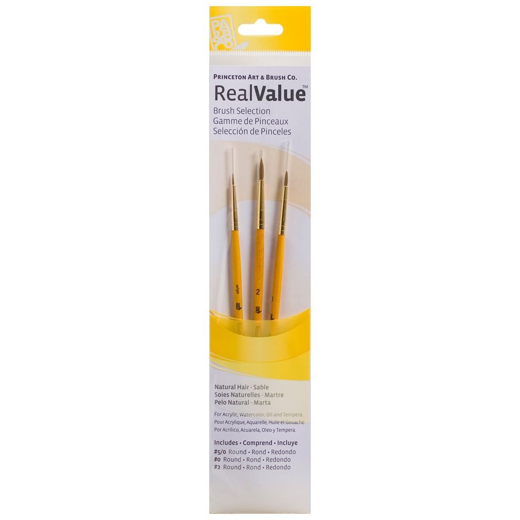 Princeton Real Value Brush Set of 3 - Natural Hair - Sable - Round 5/0, 0 & 2 - Short handle
