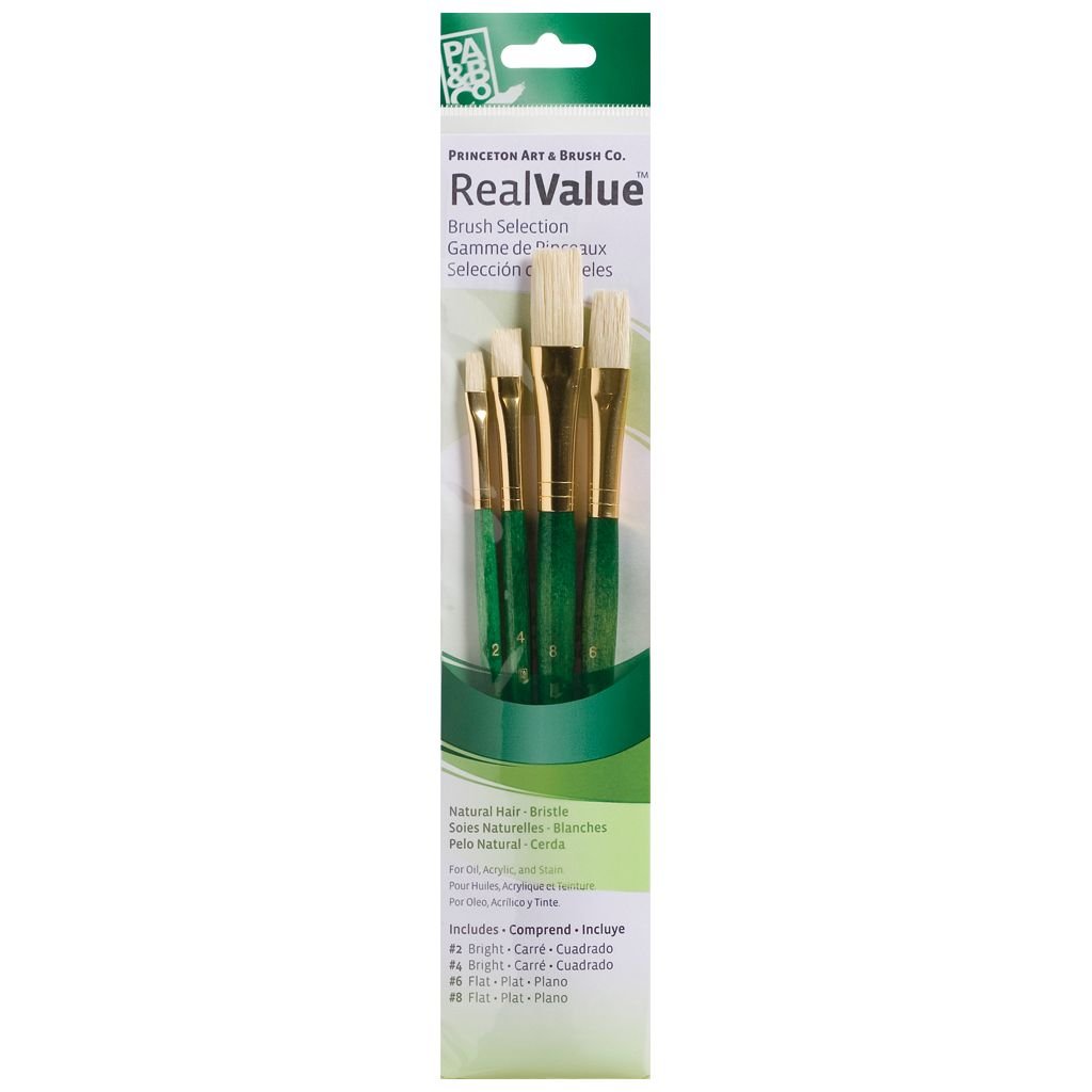 Princeton Real Value Brush Set of 4 - Natural Hair - Bristle - Bright 2 & 4, Flat 6 & 8 - Short handle