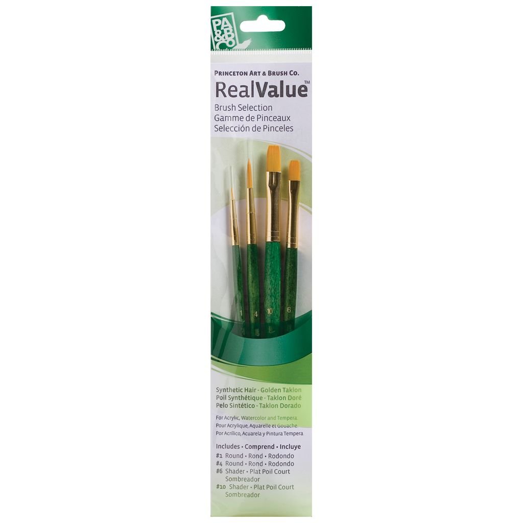 Princeton Real Value Brush Set of 4 - Synthetic Hair - Golden Taklon - Round 1 & 4, Shader 6 & 10 - Short handle