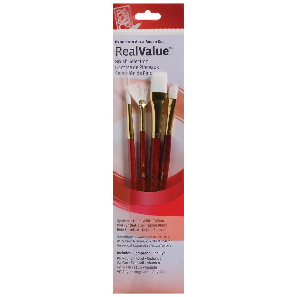 Princeton Real Value Brush Set of 4 - Synthetic Hair - White Taklon - Round 6, Fan 2, Wash 5/8, Angular 3/8 - Short handle