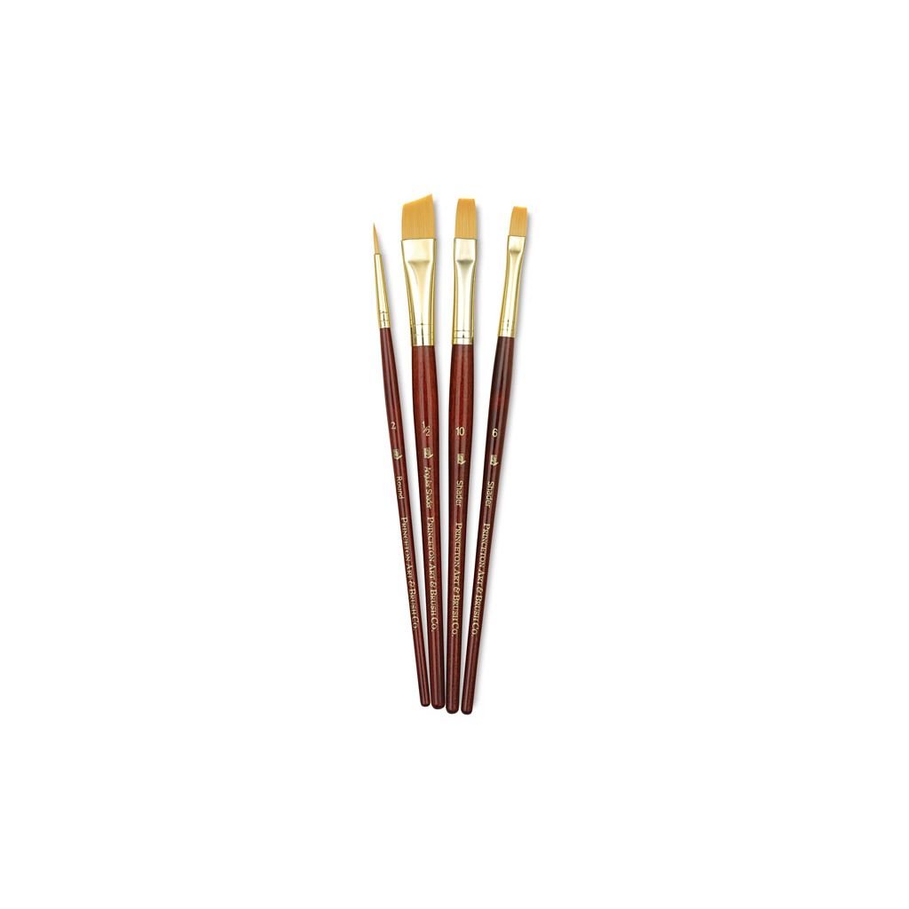 Princeton Real Value Brush Set of 4 - Synthetic Hair - Golden Taklon - Round 2, Shader 6 & 10, Angular 1/2 - Short handle