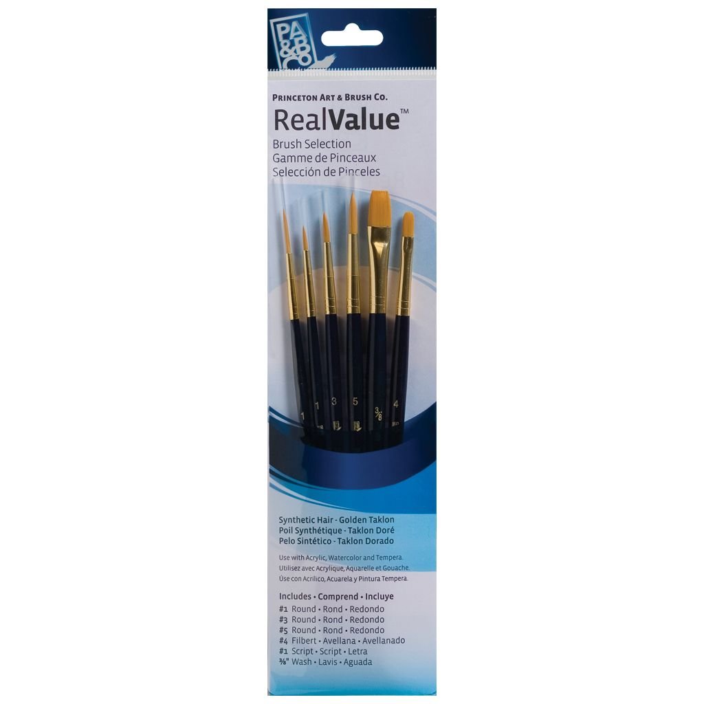 Princeton Real Value Brush Set of 6 - Synthetic Hair - Golden Taklon - Round 1, 3 & 5, Filbert 4, Script 1, Wash 3/8 - Short handle