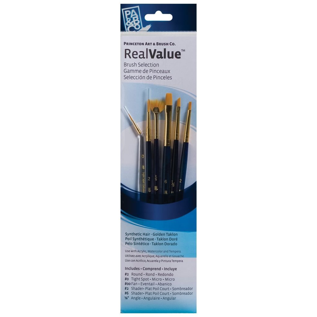 Princeton Real Value Brush Set of 6 - Synthetic Hair - Golden Taklon - Round 2, Tight Spot 0, Fan 2/0, Shader 2 & 6, Angular 1/8 - Short handle