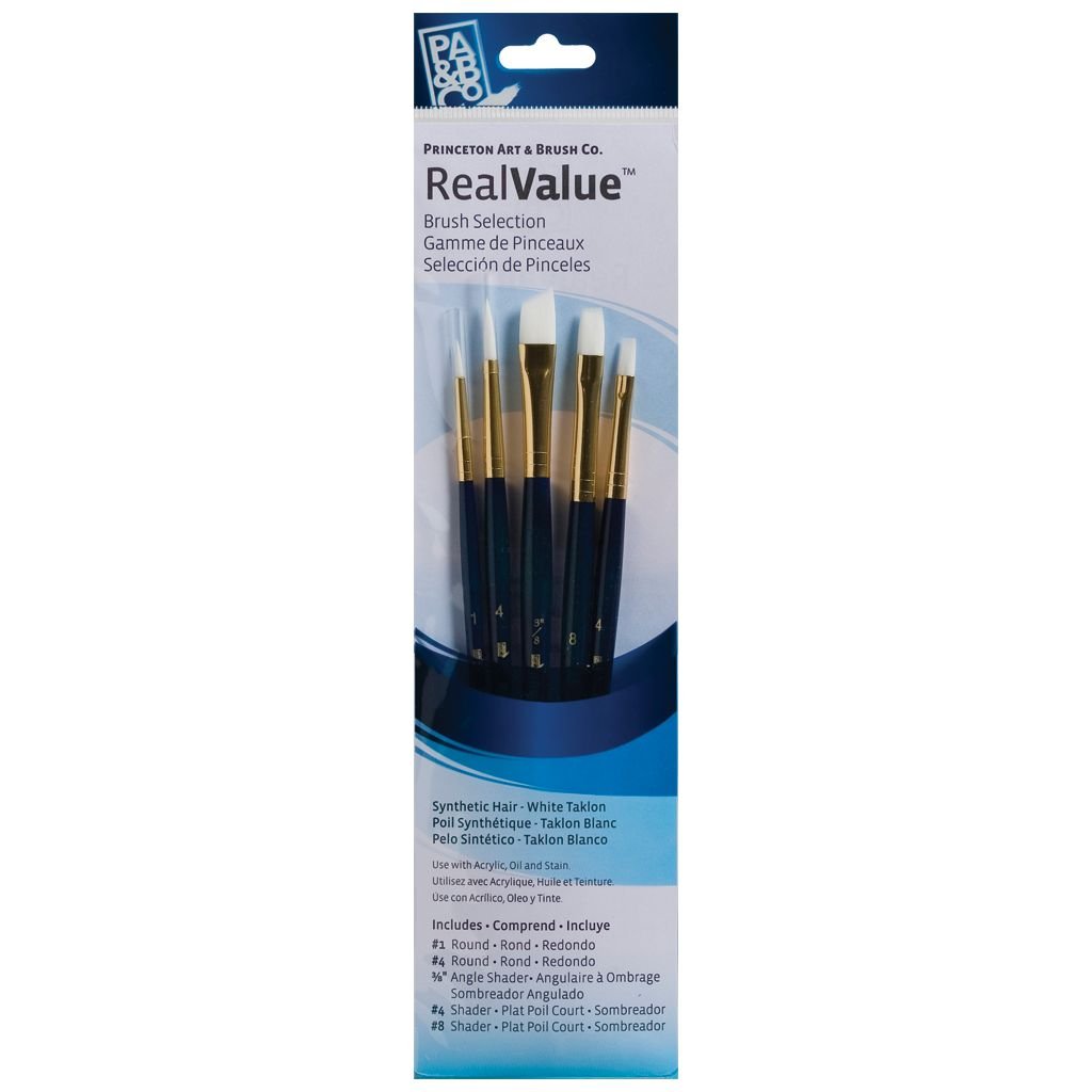 Princeton Real Value Brush Set of 5 - Synthetic Hair - White Taklon - Round 1 & 4,  Angle Shader 3/8, Shader 4 & 8 - Short handle