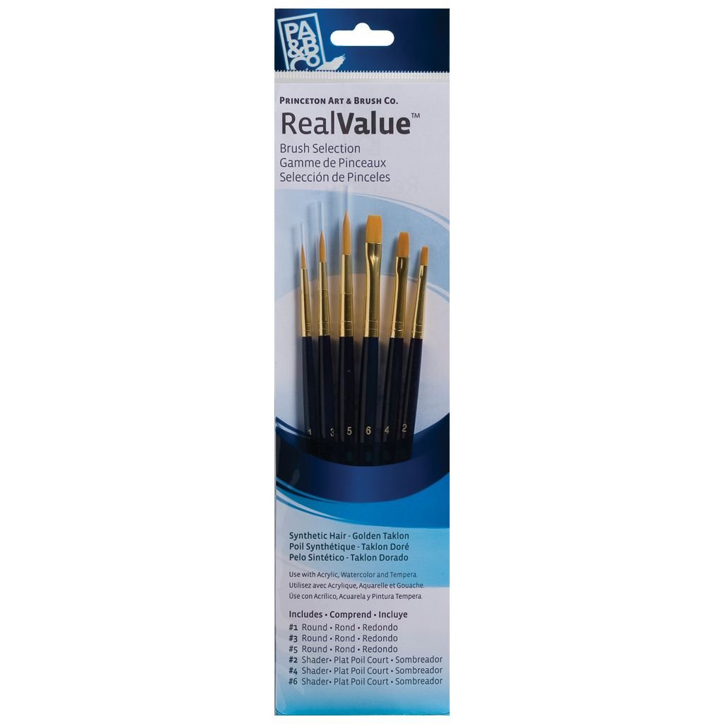Princeton Real Value Brush Set of 6 - Synthetic Hair - Golden Taklon - Round 1, 3 & 5, Shader 2, 4 & 6 - Short handle