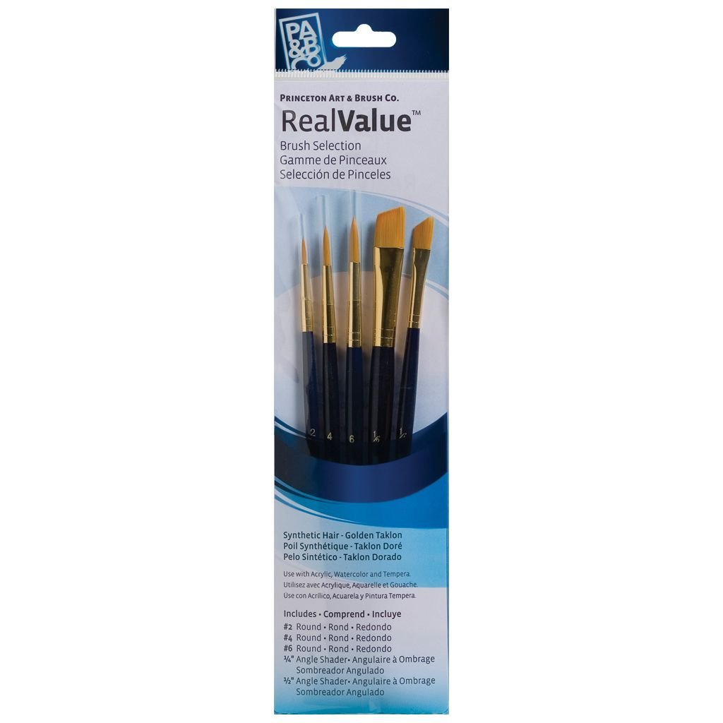 Princeton Real Value Brush Set of 5 - Synthetic Hair - Golden Taklon - Round 2, 4 & 6, Angle Shader 1/4 & 1/2 - Short handle