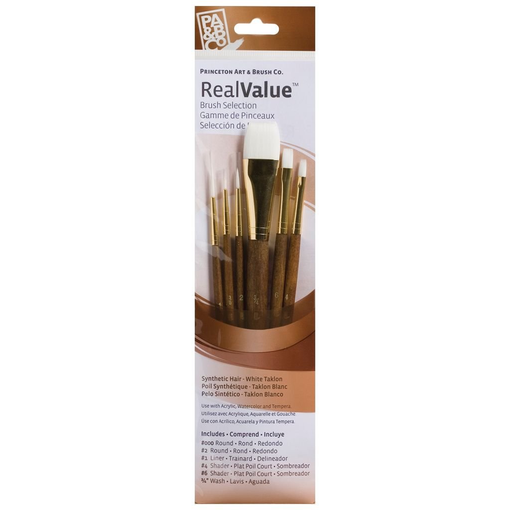 Princeton Real Value Brush Set of 6 - Synthetic Hair - White Taklon - Round 3/0 & 2, Liner 1, Shader 4 & 6, Wash 3/4 - Short handle