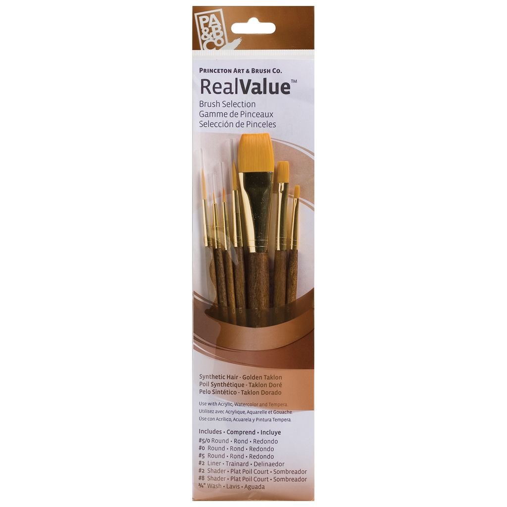 Princeton Real Value Brush Set of 7 - Synthetic Hair - Golden Taklon - Round 5/0, 0 & 5, Liner 2, Shader 2 & 8, Wash 3/4 - Short handle