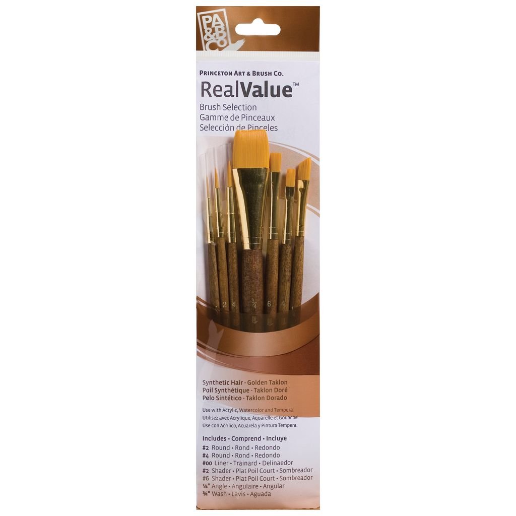Princeton Real Value Brush Set of 7 - Synthetic Hair - Golden Taklon - Round 2 & 4, Liner 2/0, Shader 2 & 6, Angular 1/4, Wash 3/4 - Short handle