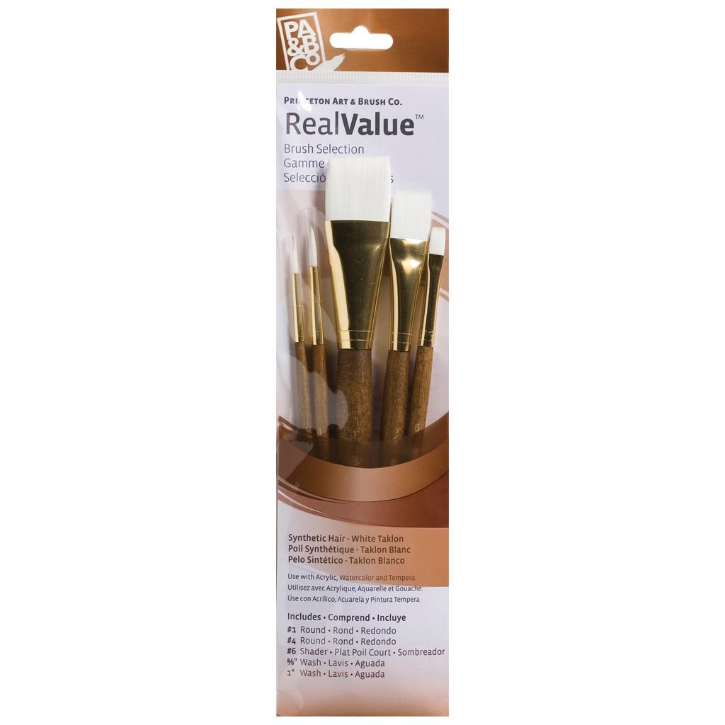 Princeton Real Value Brush Set of 5 - Synthetic Hair - White Taklon - Round 1 & 4, Shader 6, Wash 5/8 & 1 - Short handle
