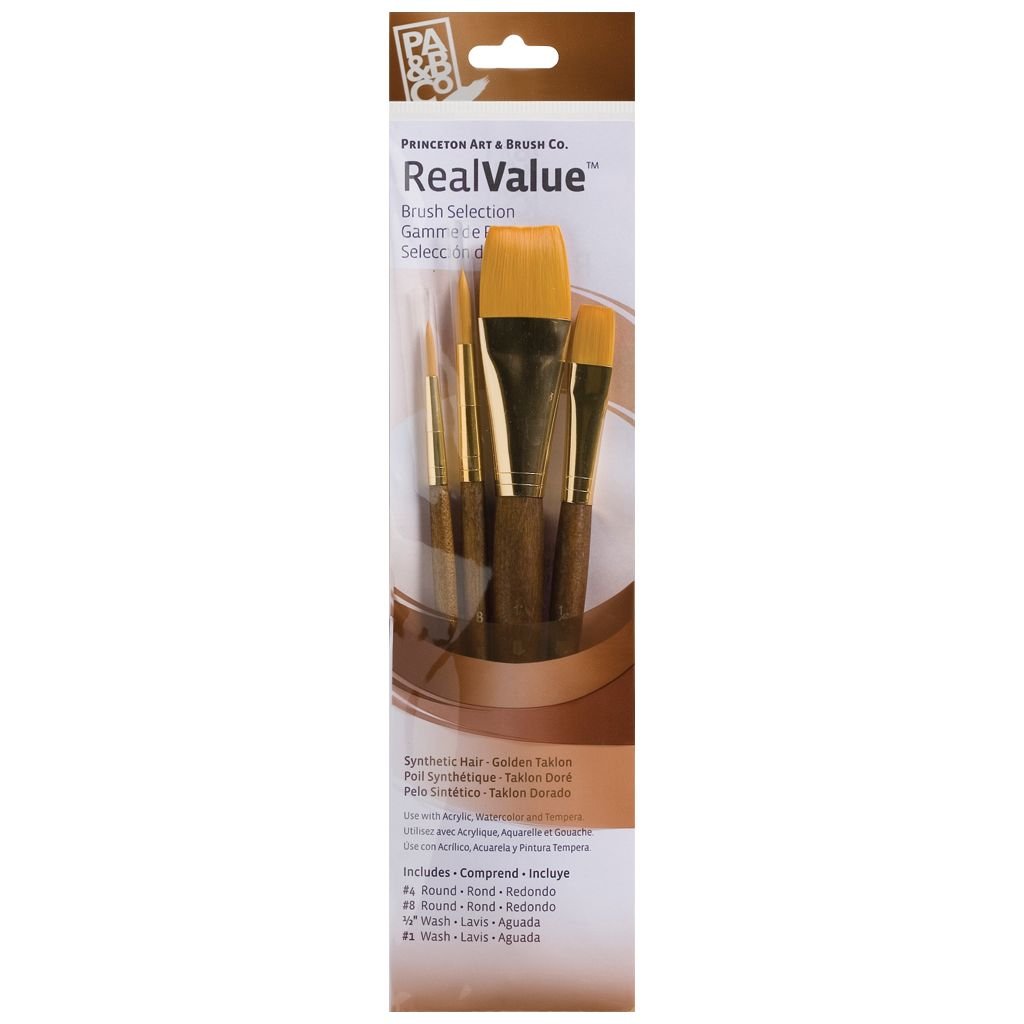 Princeton Real Value Brush Set of 4 - Synthetic Hair - Golden Taklon - Round 4 & 8, Wash 1/2 & 1 - Short handle
