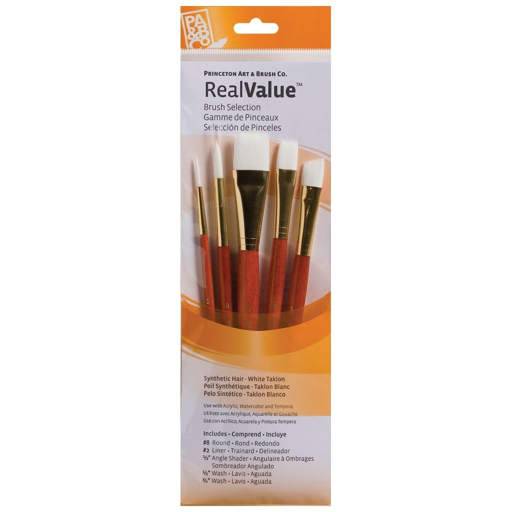 Princeton Real Value Brush Set of 5 - Synthetic Hair - White Taklon - Round 8, Liner 2, Angle Shader 1/2, Wash 1/2 & 3/4 - Short handle