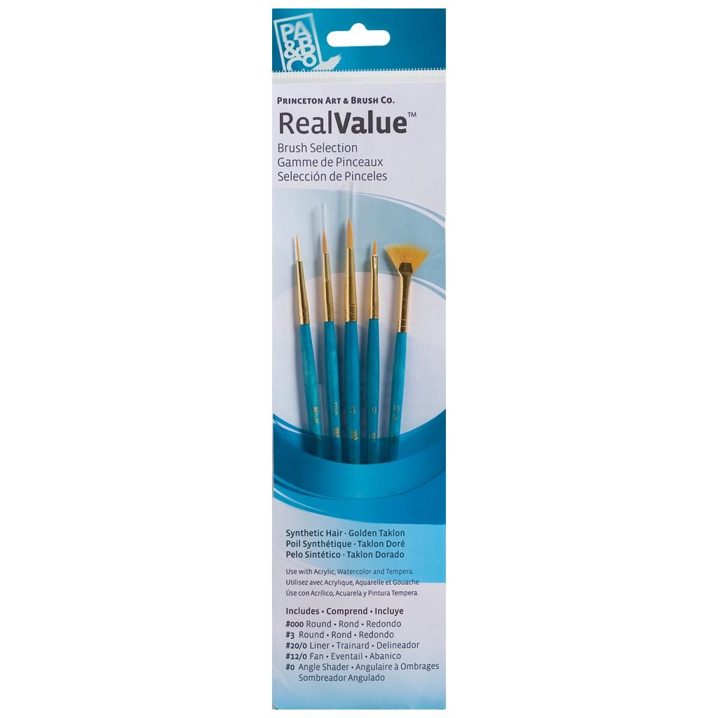 Princeton Real Value Brush Set of 5 - Synthetic Hair - Golden Taklon - Round 3/0 & 3, Liner 20/0, Fan 12/0, Angle Shader 0 - Short handle