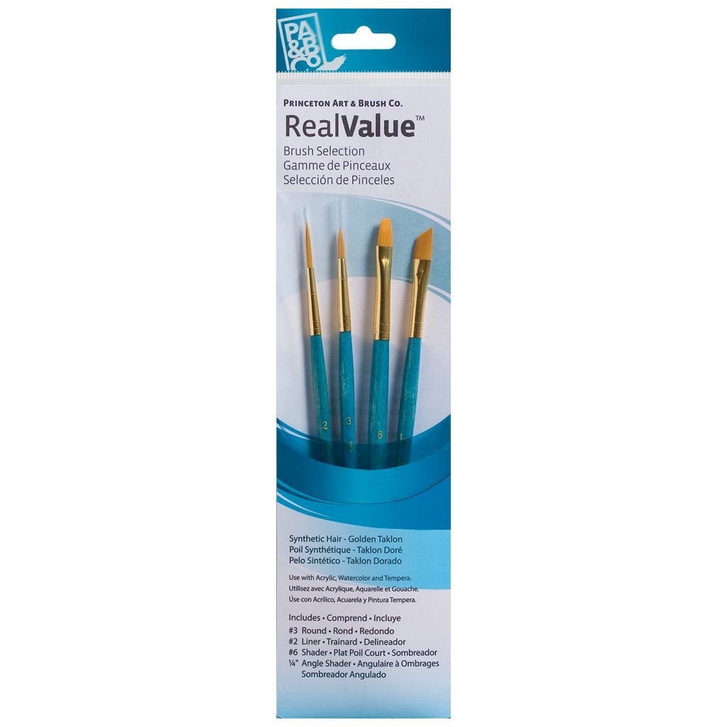 Princeton Real Value Brush Set of 4 - Synthetic Hair - Golden Taklon - Round 3, Liner 2,  Shader 6, Angle Shader 1/4 - Short handle