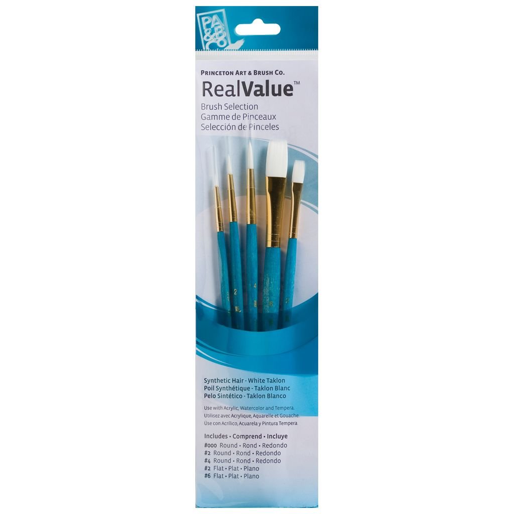 Princeton Real Value Brush Set of 5 - Synthetic Hair - White Taklon - Round 3/0, 2 & 4, Flat 2 & 6 - Short handle