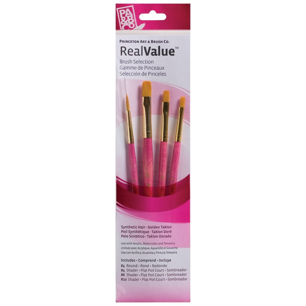 Princeton Real Value Brush Set of 4 - Synthetic Hair - Golden Taklon - Round 4, Shader 4, 6 & 10 - Short handle