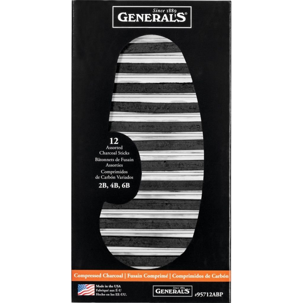 General's Jumbo Compressed Charcoal Sticks - Square - 3 Assorted Degrees - 12 Sticks