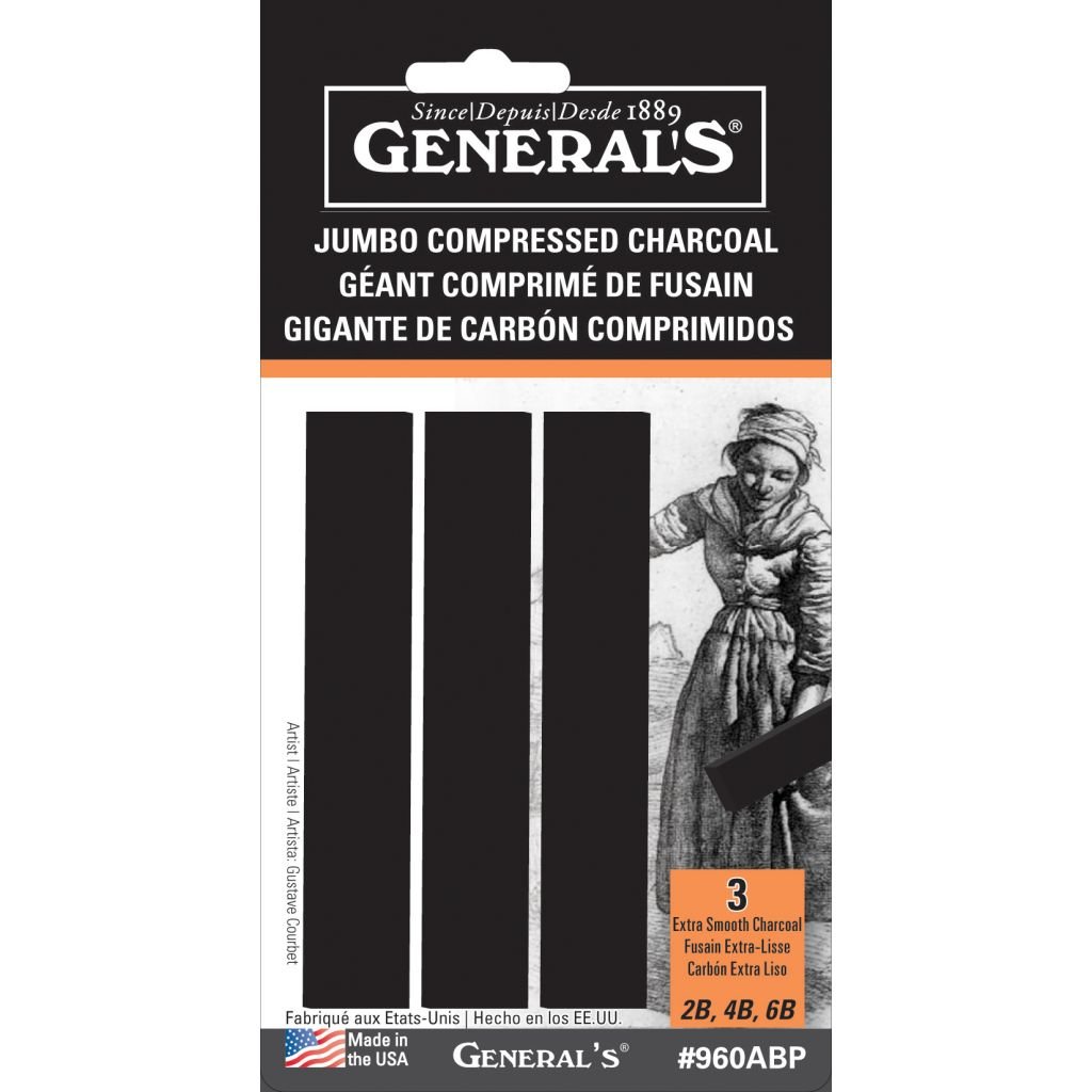 General's Jumbo Compressed Charcoal Sticks - Rectangular - Assorted (2B, 4B & 6B)