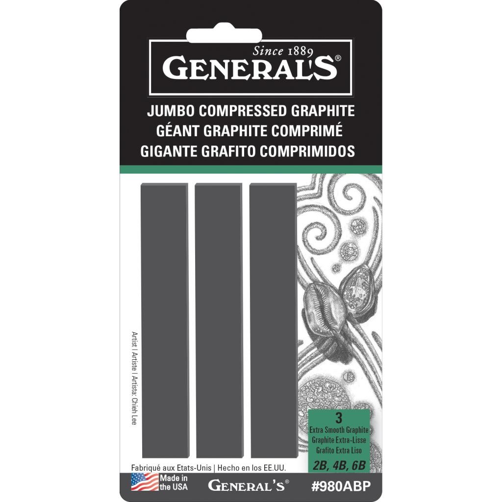 General's Jumbo Compressed Graphite Sticks - Rectangular - Assorted (6B Soft, 4B Medium and 2B Hard) - 3 piece set