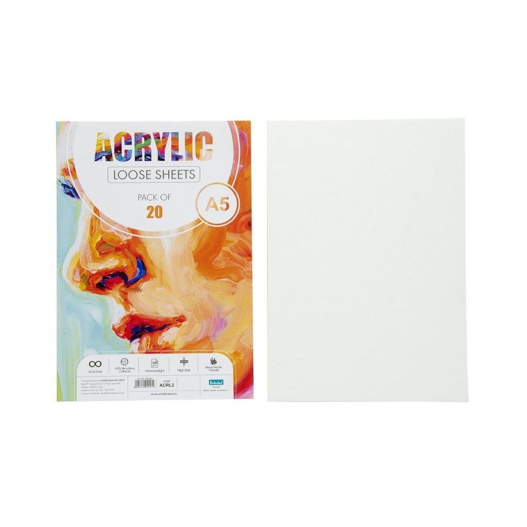 Scholar Artists' Acrylic Painting - A5 (14.8 cm x 21 cm or 5.8 in x 8.3 in) Natural White Smooth 360 GSM 100% Wood Free Cellulose Paper, Poly Pack of 20 Sheets