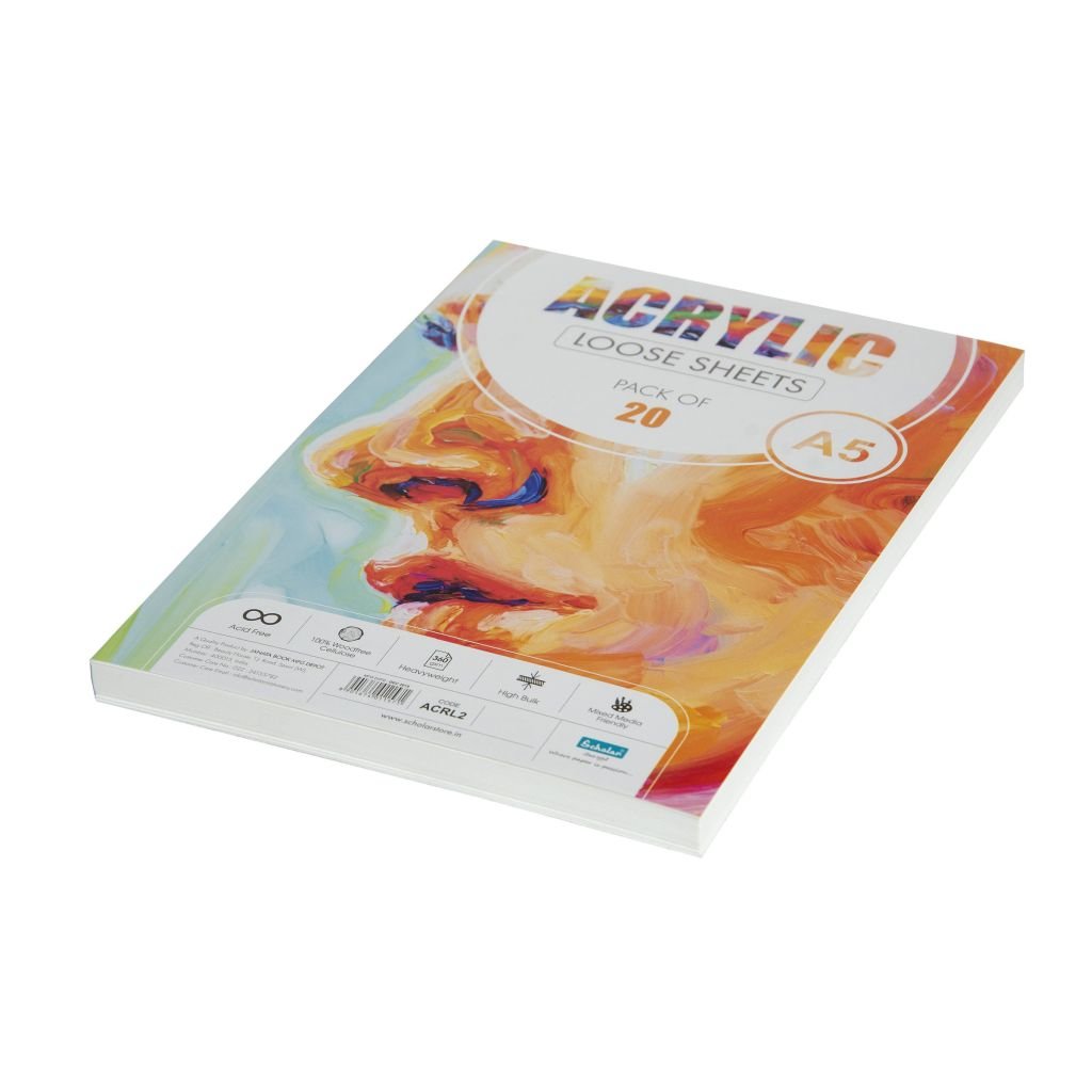 Scholar Artists' Acrylic Painting - A5 (14.8 cm x 21 cm or 5.8 in x 8.3 in) Natural White Smooth 360 GSM 100% Wood Free Cellulose Paper, Poly Pack of 20 Sheets