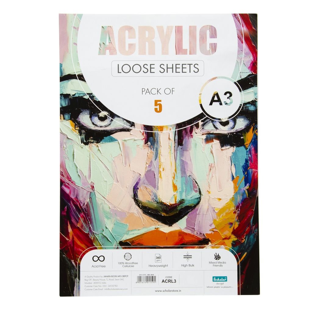 Scholar Artists' Acrylic Painting - A3 (29.7 cm x 42 cm or 11.7 in x 16.5 in) Natural White Smooth 360 GSM 100% Wood Free Cellulose Paper, Poly Pack of 5 Sheets