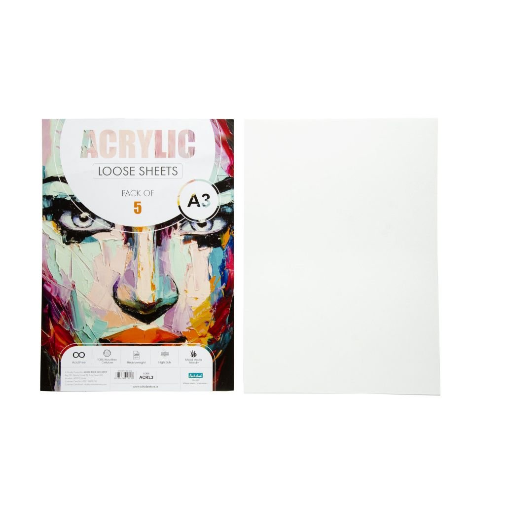 Scholar Artists' Acrylic Painting - A3 (29.7 cm x 42 cm or 11.7 in x 16.5 in) Natural White Smooth 360 GSM 100% Wood Free Cellulose Paper, Poly Pack of 5 Sheets