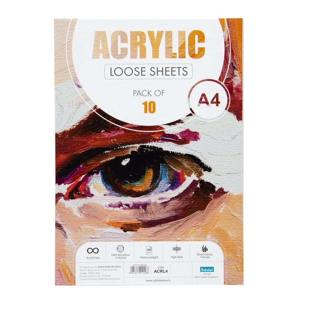 Scholar Artists' Acrylic Painting - A4 (29.7 cm x 21 cm or 8.3 in x 11.7 in) Natural White Smooth 360 GSM 100% Wood Free Cellulose Paper, Poly Pack of 10 Sheets