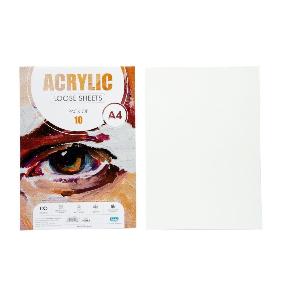 Scholar Artists' Acrylic Painting - A4 (29.7 cm x 21 cm or 8.3 in x 11.7 in) Natural White Smooth 360 GSM 100% Wood Free Cellulose Paper, Poly Pack of 10 Sheets