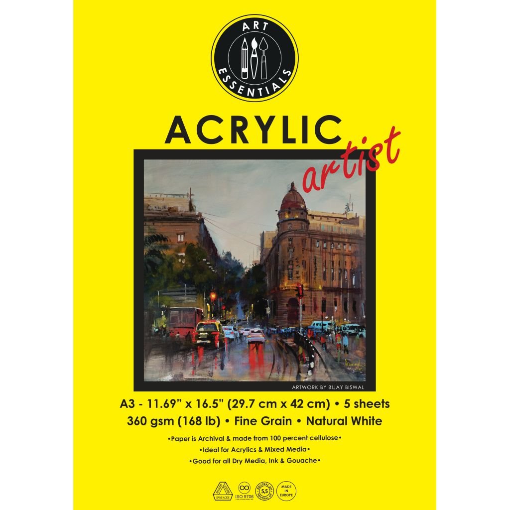 Art Essentials Arcylic Artist A3 (29.7 cm x 42 cm) Natural White Fine Grain 360 GSM 100% Cellulose Paper, Polypack of 5 Sheets