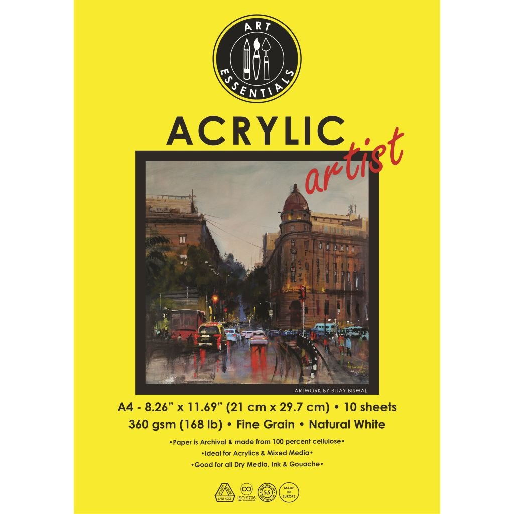 Art Essentials Arcylic Artist A4 (21 cm x 29.7 cm) Natural White Fine Grain 360 GSM 100% Cellulose Paper, Polypack of 10 Sheets