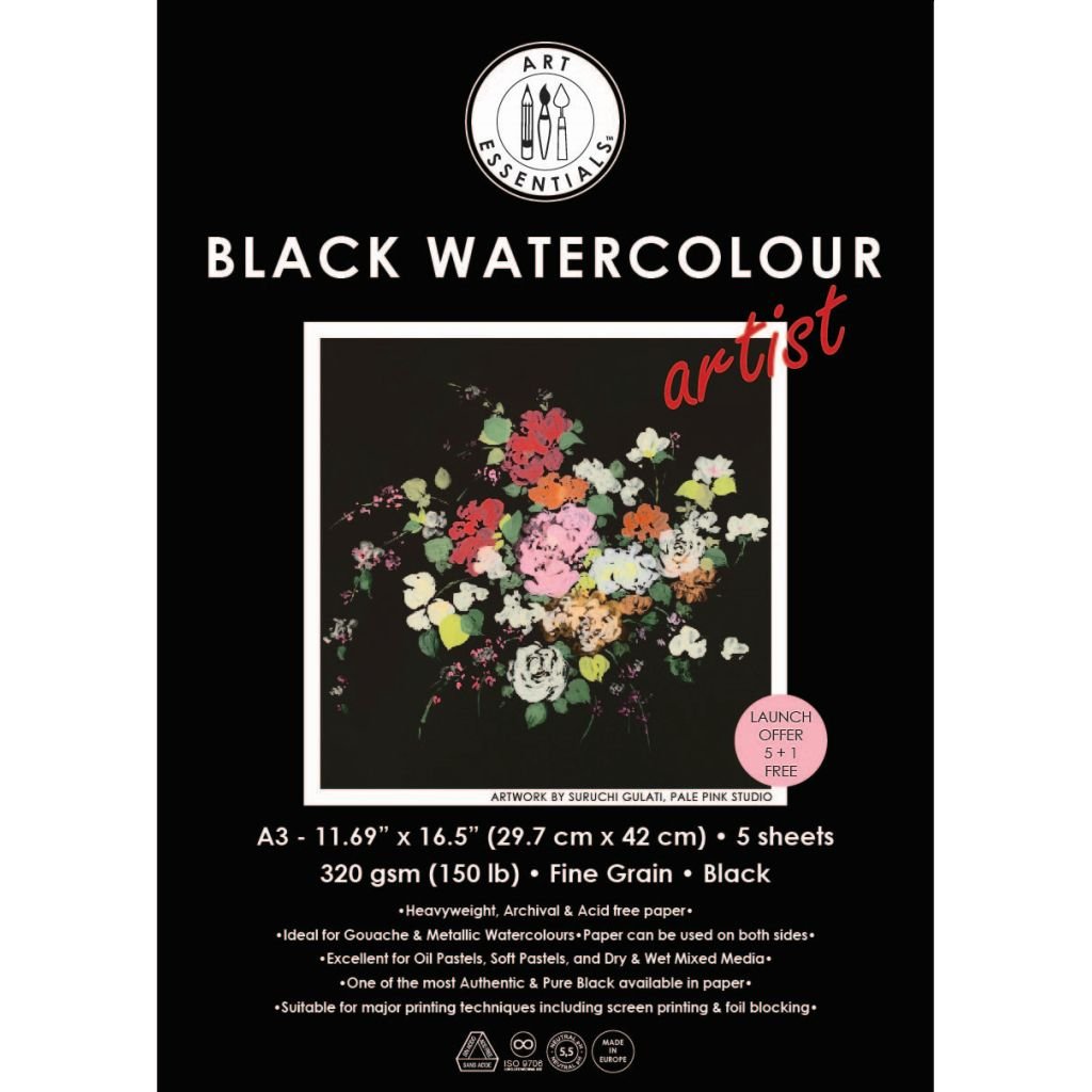 Art Essentials Black Artist Watercolour Paper - Fine Grain 320 GSM - A3 - Polypack of 5 + 1 Free Sheets