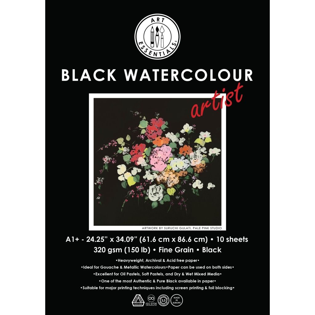 Art Essentials Black Artist Watercolour Paper - Fine Grain 320 GSM - A1+ (61.6 x 86.6 cm) - Pack of 10 Sheets