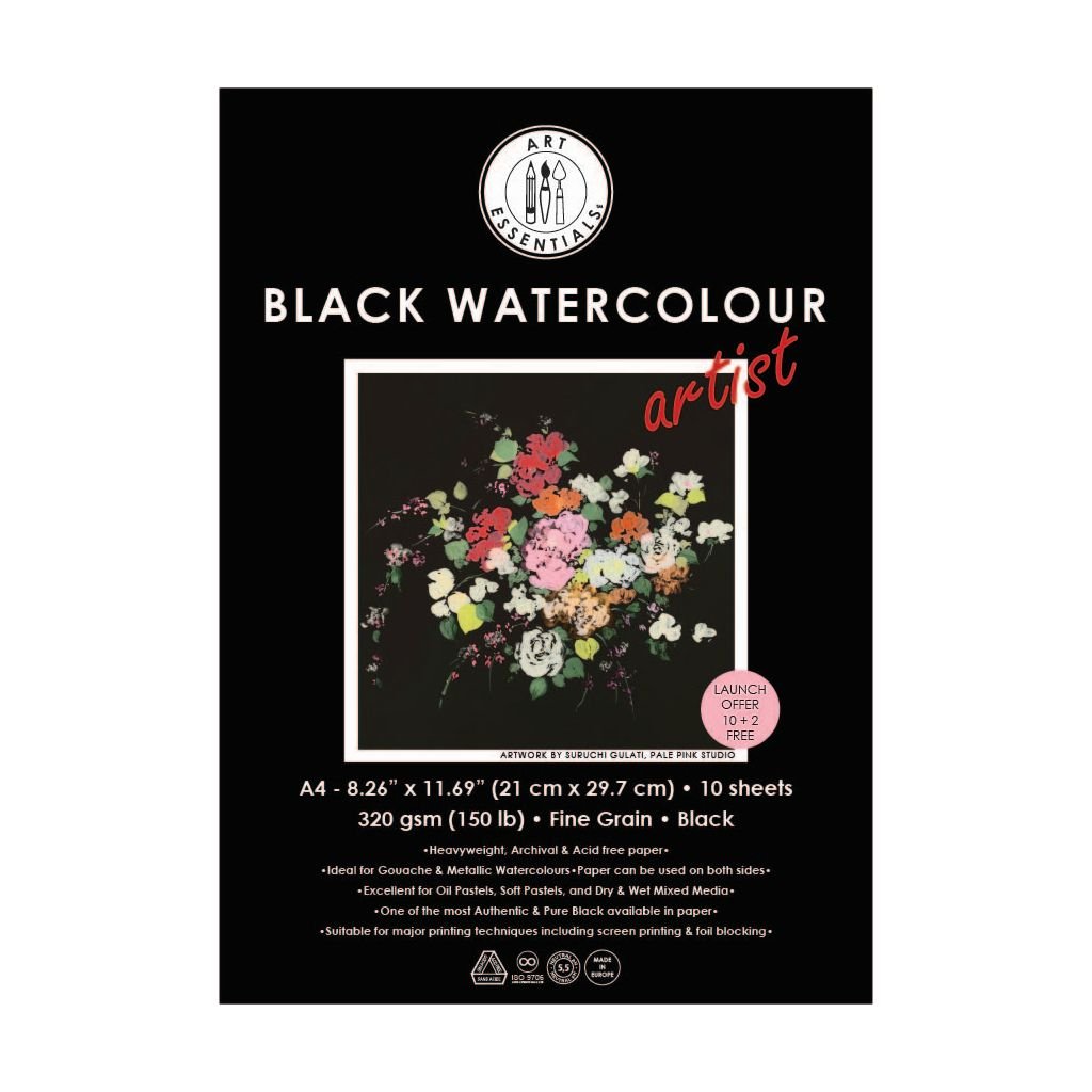 Art Essentials Black Artist Watercolour Paper - Fine Grain 320 GSM - A4 - Polypack of 10 + 2 Free Sheets