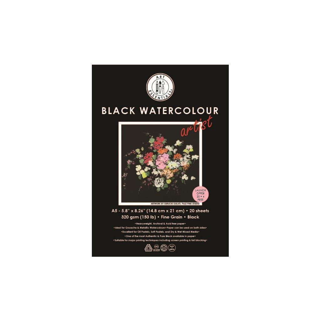 Art Essentials Black Artist Watercolour Paper - Fine Grain 320 GSM - A5 - Polypack of 20 + 4 Free Sheets