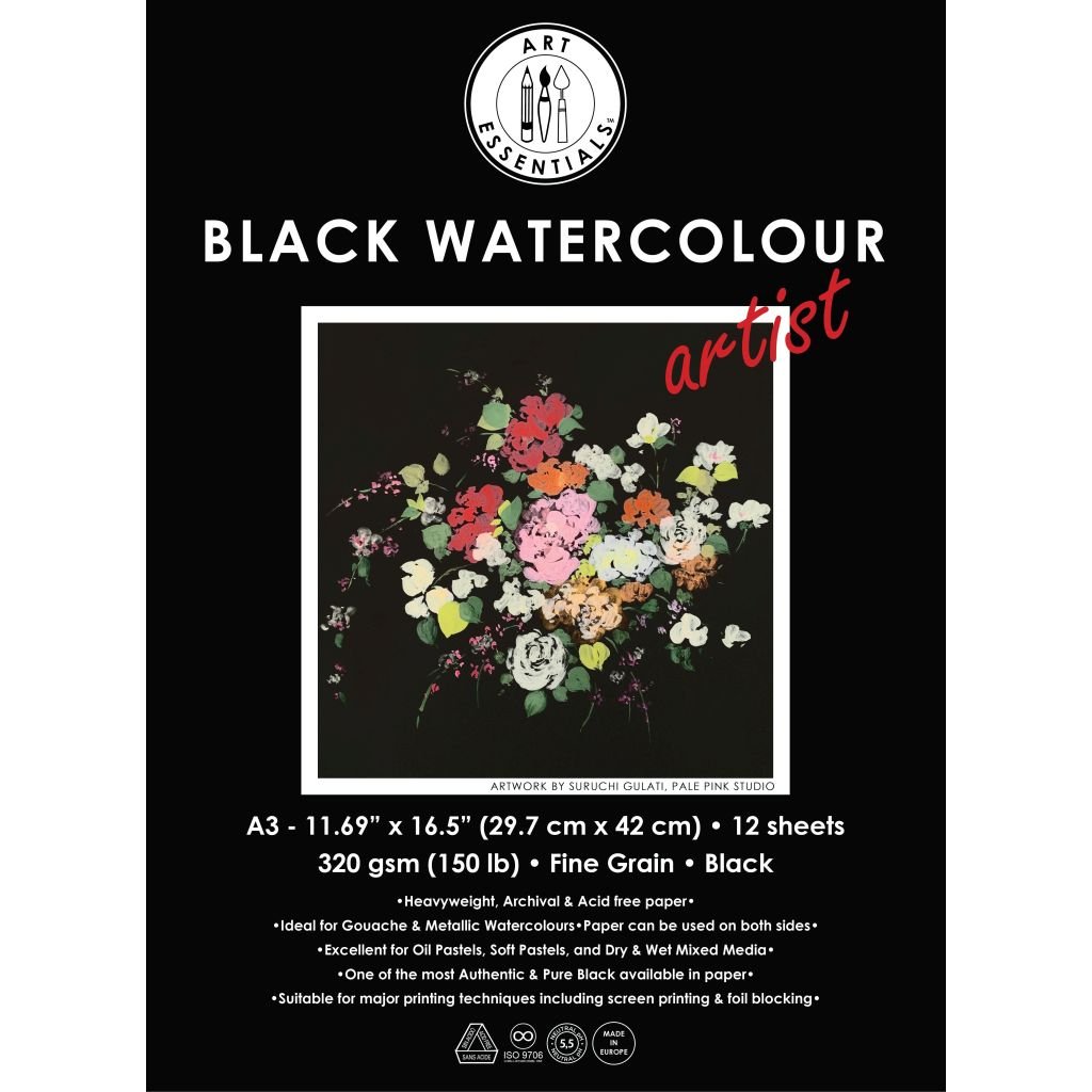 Art Essentials Black Artist Watercolour Paper - Fine Grain 320 GSM - A3 - Pad of 12 Sheets