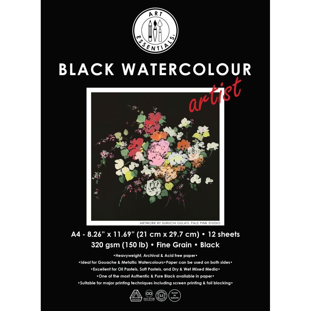 Art Essentials Black Artist Watercolour Paper - Fine Grain 320 GSM - A4 - Pad of 12 Sheets