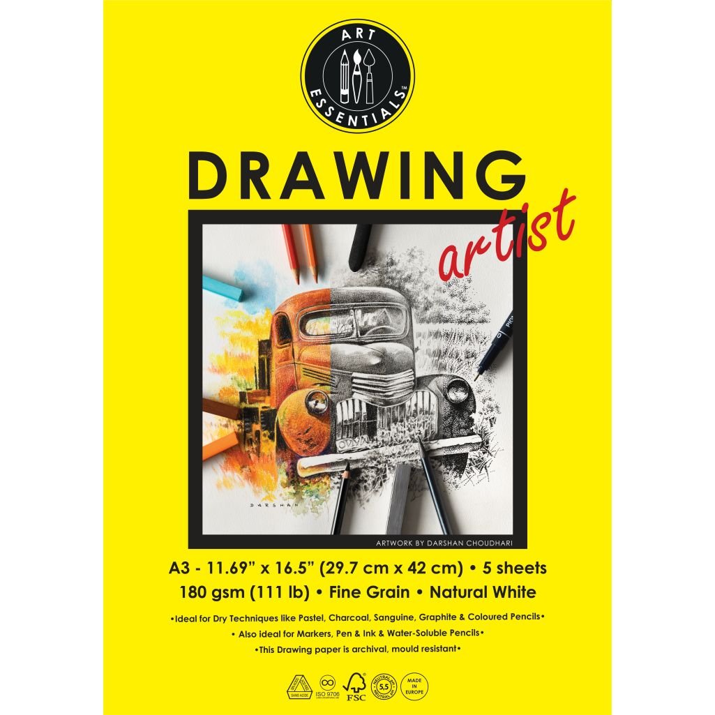 Art Essentials Drawing Artist A3 (29.7 cm x 42 cm) Natural White Fine Grain 180 GSM Paper, Polypack of 5 Sheets