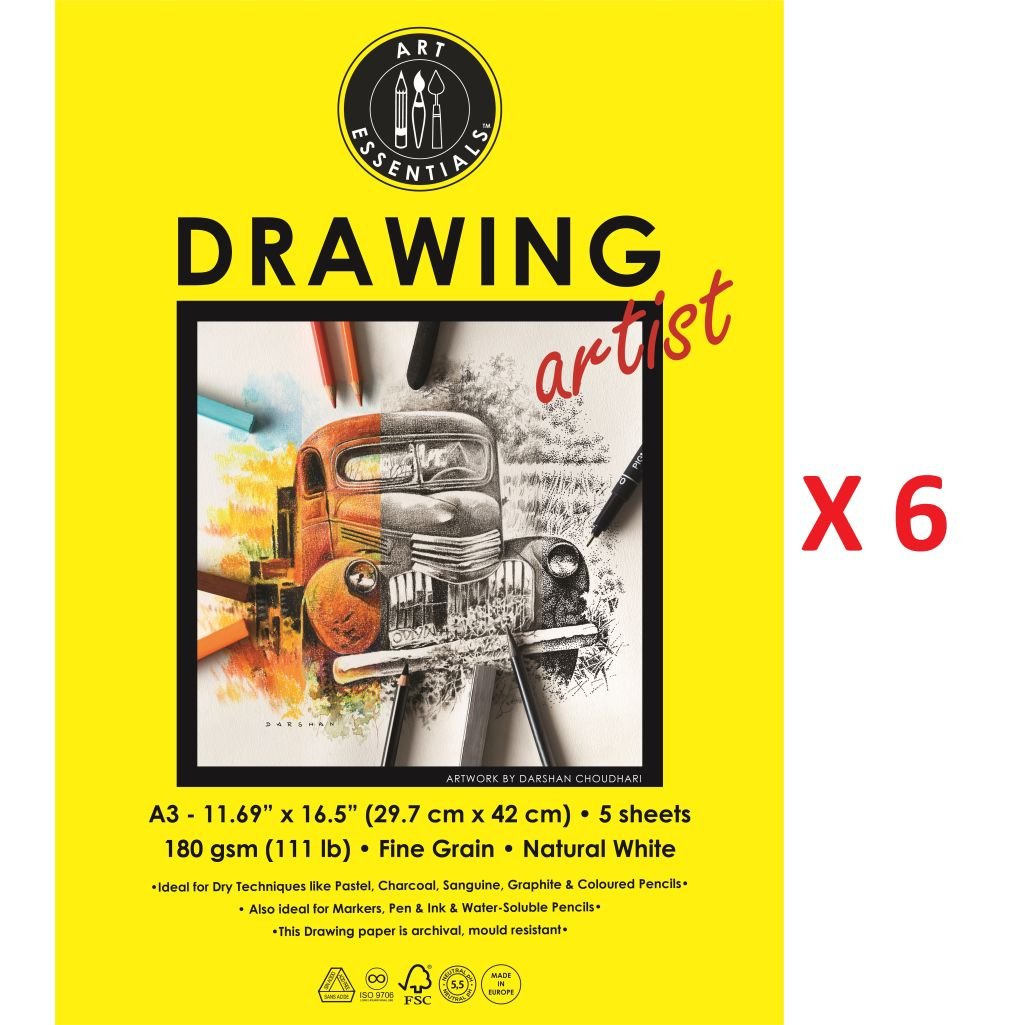 Art Essentials Drawing Artist A3 (29.7 cm x 42 cm) Natural White Fine Grain 180 GSM Paper, Polypack of 30 Sheets