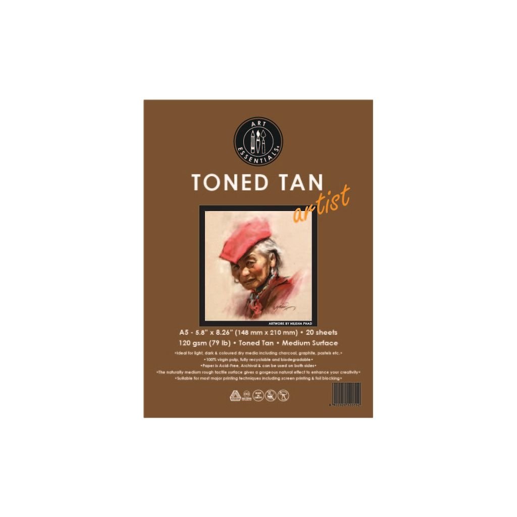 Art Essentials Toned Tan Artist Sketching Paper - Medium Surface 120 GSM - A5 - Polypack of 20 Sheets