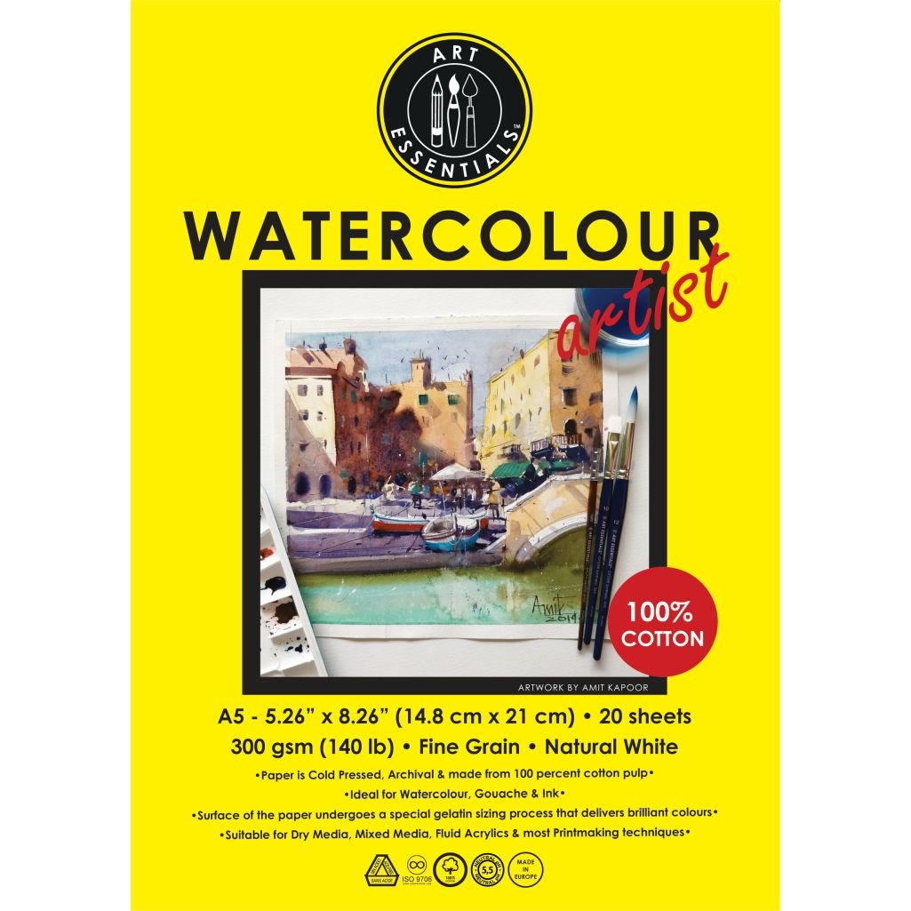 Art Essentials Watercolour Artist A5 (14.8 cm x 21 cm) Natural White Fine Grain / Cold Press 300 GSM 100% Cotton Paper, Polypack of 20 Sheets